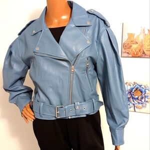 Blue Faux Leather Moto Jacket